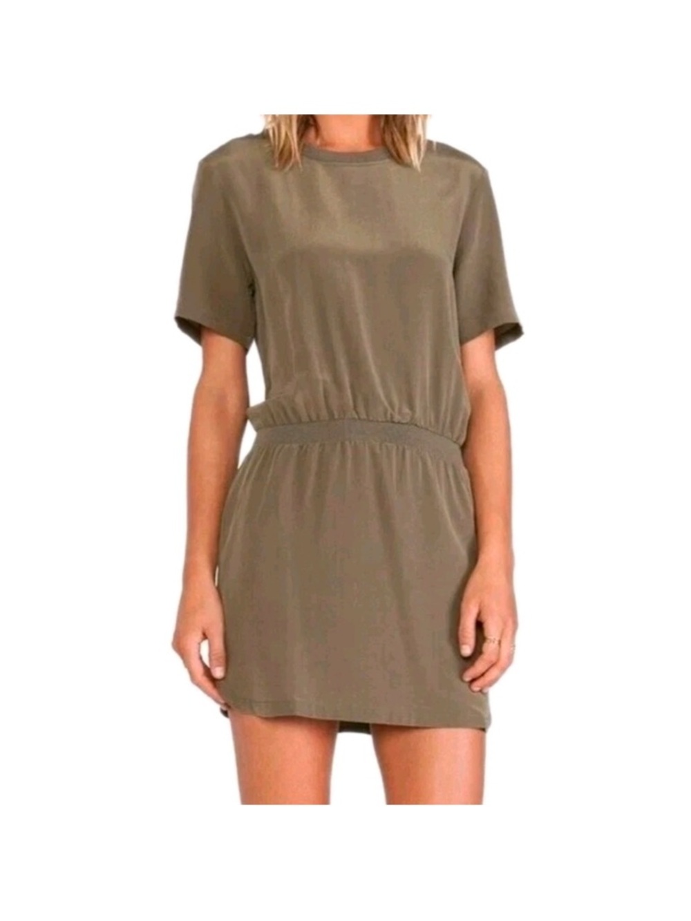 Anine Bing Olive Short Sleeve Elastic Waist Mini Dress 100% silk
